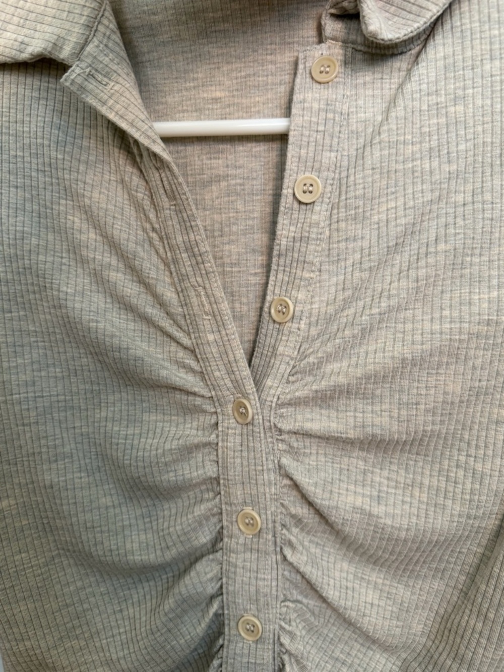 Reformation Light Gray Ribbed Ruched Button-Up Long Sleeve Top - Picture 5 of 6